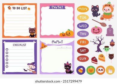 Cute Halloween Themed To Do List, Notes, and Planner Stickers. Kawaii Halloween Stationery Set with Checklists and Decor. Adorable Halloween Planners and Stickers for Organizing.