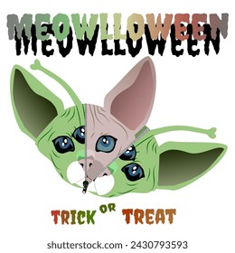 Cute halloween themed graphic of a cat with alien green cat mask, festive meowlloween and trick or treat text, suitable for t-shirt, card, sticker and more