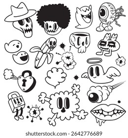 A cute halloween themed illustrations featuring various characters like ghosts, skulls