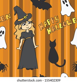 A cute halloween themed seamless pattern with a witch, ghosts and other various creatures.