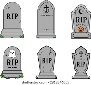 Cute Halloween Tombstone Collection Flat Vector Illustration Set