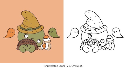 Cute Halloween Tortoise Illustration and For Coloring Page. Cartoon Clip Art Halloween Turtle. Cute Vector Illustration of a Kawaii Halloween Animal with Sweets. 