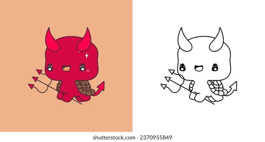 Cute Halloween Tortoise Illustration and For Coloring Page. Cartoon Clip Art Halloween Turtle. Cute Vector Illustration of a Kawaii Halloween Animal in Devil Costume. 