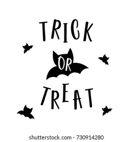 Cute Halloween in Trick or Treat design concept with black bats on white background for poster, banner, party invitation, greeting card. Vector Illustration.