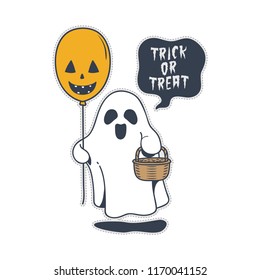 Cute halloween trick or treat ghost and balloon. doodle cartoon