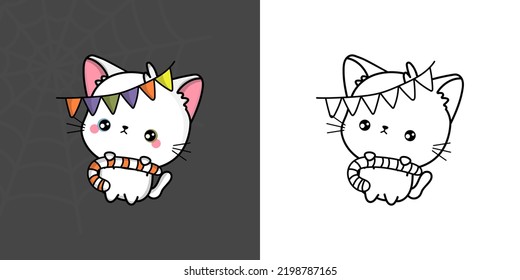 Cute Halloween Turkish Angora Cat Clipart Illustration and Black and White. Funny Halloween Kitty. Cute Vector Illustration of a Kawaii Halloween Animal with Sweets.
