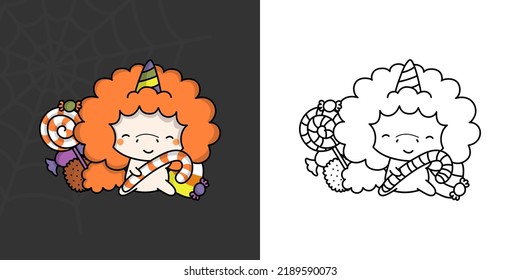 Cute Halloween Unicorn Clipart Illustration and Black and White. Funny Clip Art Halloween Animal. Cute Vector Illustration of a Kawaii Halloween Unicorn with Sweets.
