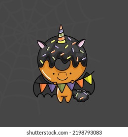 Cute Halloween Unicorn Donut Clipart for Coloring Page and Illustration. Happy Clip Art Halloween Unicorn. Cute Vector Illustration of a Kawaii Halloween Character in a Vampire Costume.
