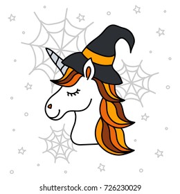 Cute halloween unicorn portrait with witch hat, spiderwebs and stars