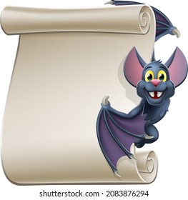 A cute Halloween vampire bat animal cartoon character peeking around from behind a scroll banner sign and pointing at it with their wing