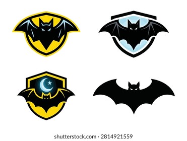 Cute Halloween vampire bat vector icon set featuring cartoon bat silhouettes, shields, and festive designs perfect for spooky seasonal graphics.