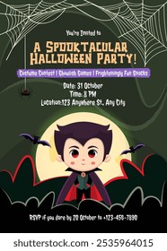 Cute Halloween vampire boy wearing red coat. Kawaii illustrative Halloween party invitation template. Kid wearing Halloween costume cartoon invite.