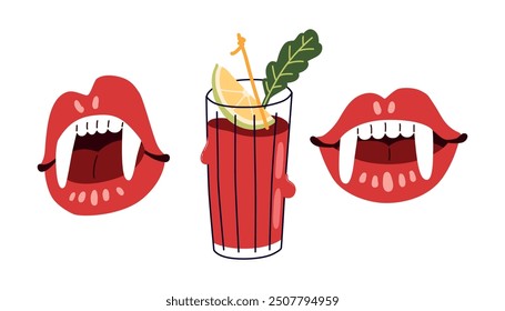 Lindos labios de vampiro de Halloween y conjunto de ilustración de cóctel Bloody Mary para diseño de medios. Objetos vectoriales modernos y espeluznantes y garabatos. Conjunto de Vector de arte plano de moda