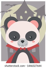 Cute Halloween vector art for children, Panda dressed up as vampire with fangs and red cloak on spooky castle background