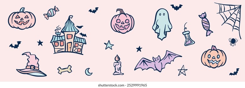 Cute Halloween vector banner, cartoon clip art elements, wide horizontal background for kids, party invite or greeting card design set