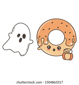 cute halloween vector cartoon illustration with character donut and ghost isolated on white background