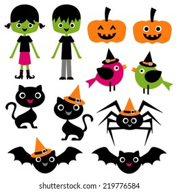 Cute halloween vector clip art for kids. Children, Jack O Lantern, birds, black cats, spider, and bats.
