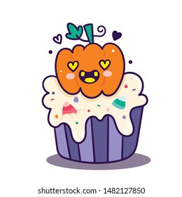 Cute Halloween vector cupcake pumpkin cartoon, candy decorate, Trick or treat for holiday: Doodle Nursery decoration, hand drawn Kawaii animal- Perfect for kid greeting card, Print t-shirt,fashion art