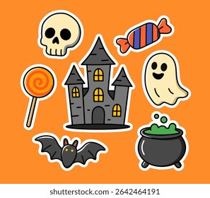 Cute Halloween Vector Elements Set - Castle, Ghost, Candy, Skull, Bat, and Cauldron
