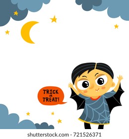 Cute Halloween vector greeting card or party invitation template with vampire boy in carnival costume and copy space for text 