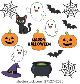 Lindo conjunto de ilustración de Halloween con fantasmas, calabazas, murciélagos, telarañas, un gato negro, sombrero de bruja y caldero. Perfecto para tarjetas de Halloween, pegatinas, decoraciones de fiesta y diseños espeluznantes.