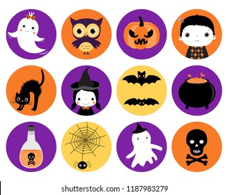 Cute Halloween vector icons in flat style - round circle shape in orange, purple and black colors