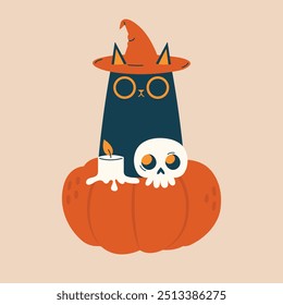 Ilustração vetor de Halloween bonito com gato preto no chapéu de bruxa sentado na abóbora com crânio e vela. Feliz conceito de Halloween. Engraçado, excêntrico clipart com personagem para adesivo, convite, banner.