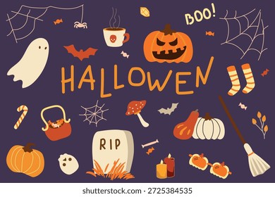 Cute Halloween Vector Illustration Bundle with Pumpkins, Ghosts, and Spooky Decorations