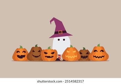 Cute halloween vector illustration with a child in a ghost costume and a witch hat. Set of pumpkins of different shapes with funny faces. Spooky hand drawn composition