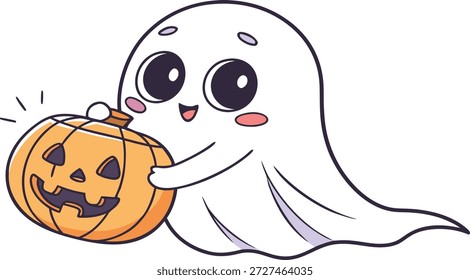 Cute Halloween vector illustration featuring a friendly cartoon ghost holding a carved pumpkin jack-o’-lantern. This adorable and playful spooky character is designed in a clean flat style with bold outlines, soft colors, and a cheerful expression, making it perfect for kids designs, Halloween decorations, greeting cards, stickers, posters, party invitations, social media graphics, t-shirts, and festive branding. Isolated on a white background, this high-quality vector artwork is ideal for seasonal projects, printable designs, and commercial use related to Halloween, autumn, and spooky celebrations.