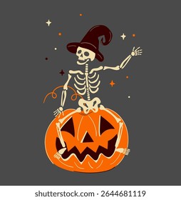 Cute Halloween vector illustration. A funny skeleton in a witch hat sits on a carved pumpkin and waves. Isolated design element on a dark background for party invitations.