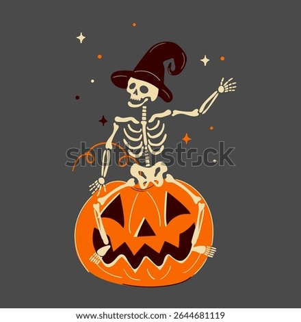 Cute Halloween vector illustration. A funny skeleton in a witch hat sits on a carved pumpkin and waves. Isolated design element on a dark background for party invitations.
