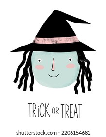 Cute Halloween Vector Illustration with Happy Witch on a White Background. Hand Drawn Halloween Card with Funny Witch in Black Hat and Black Handwritten "Trick or Treat".Kawaii Style Spooky Print.