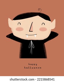 Ilustración vectorial de Halloween con vampiro feliz en un fondo de terracota. Tarjeta Halloween de mano dibujada con un elegante y divertido caballero de vampiros. Impresión espeluznante con estilo de dibujo de cartón.