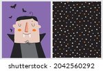 Cute Halloween Vector Illustration. Infantile Style Halloween Party Print with Funny Vampire Isolated on a Violet Background Ideal for Card,Wall Art. Starry Irregular Seamless Pattern.