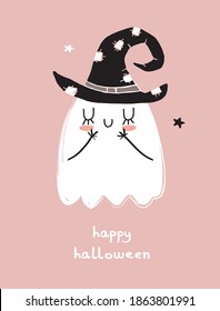 Cute Halloween Vector Illustration. Infantile Style Hand Drawn White Little Ghost Isolated on a Pink Background. Lovely Infantile Style Nursery Art ideal for Wall Art, Card, Halloween Decoration.