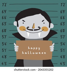 Cute Halloween Vector Illustration. Infantile Style Halloween Party Print with Funny Vampire on a Police Mug Shot Background. Vampire Mug Shot. Halloween Party Print Ideal for Card, Wall Art, Poster.