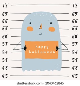  Cute Halloween Vector Illustration. Infantile Style Halloween Party Print With Funny Ghost On A Police Mug Shot Background. Litlle Ghost Mug Shot.Halloween Party Print Ideal For Card,Wall Art,Poster.