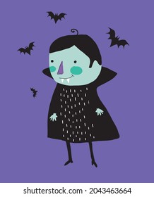 Cute Halloween Vector Illustration. Infantile Style Halloween Party Print with Funny Vampire and Flying Bats Isolated on a Violet Background. Halloween Print Ideal for Card, Wall Art, Poster.