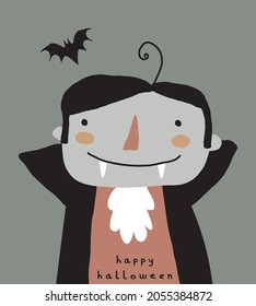 Cute Halloween Vektorgrafik. Infantile Style Halloween Party Print mit Funny Vampire auf grauem Hintergrund. Vampire mit Fledermaus. Halloween Party Print Ideal für Card, Wall Art, Poster.