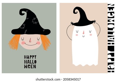 Cute Halloween Vector Illustration. Halloween Party Print with Funny Ghost in a Hat and Smiling Witch Isolated on a Green and Beige Background. Halloween Party Print Ideal for Card, Wall Art, Poster. 