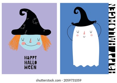 Cute Halloween Vector Illustration. Halloween Party Print with Funny Ghost in a Hat and Smiling Witch Isolated on a Violet and Blue Background. Halloween Party Print Ideal for Card, Wall Art, Poster.