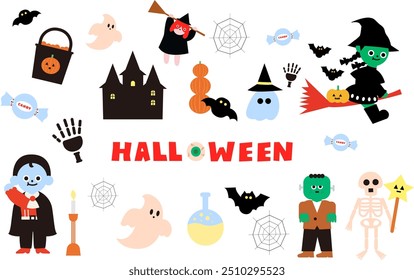 Linda Ilustración vectorial de Halloween con personajes de dibujos animados. Incluye fantasmas, brujas, vampiros, Frankenstein, esqueletos, murciélagos, calabazas y un castillo espeluznante. Perfecto para los libros de los niños, saludo