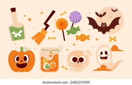 Lindo conjunto de Ilustración vectorial de Halloween – Elementos y decoraciones de dibujos animados fantasmagóricos