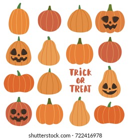 Cute Halloween vector illustration. Smiling and funny pumpkins set, card, invitation, poster, print