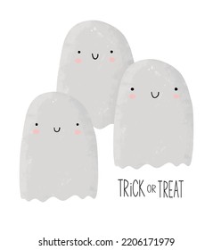 Cute Halloween Vector Illustration with Sweet Little Ghosts on a White Background. Hand Drawn Halloween Card with Funny Team of Ghosts and Handwritten "Trick or Treat". Kawaii Style Spooky Print.