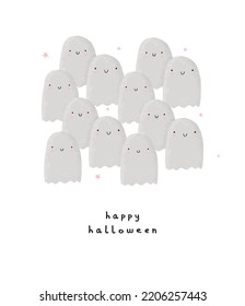 Cute Halloween Vector Illustration with Sweet Little Ghosts on a White Background. Hand Drawn Halloween Card with Funny Team of Ghosts and Handwritten "Happy Halloween". Kawaii Style Spooky Print.