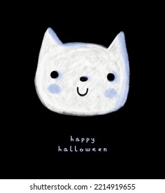 Cute Halloween Vector Illustration with Sweet Little Kitty on a Black Background. Hand Drawn Halloween Card with Funny White Kitten's Head. Kawaii Style Spooky Print for Card, Poster, Wall Art.