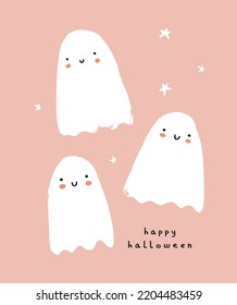 Cute Halloween Vector Illustration with Three Little Ghosts. Infantile Style Hand Drawn Halloween Card with Sweet Ghosts and Stars on a Light Coral Pink Grunge Background. Kawaii Style Spooky Print.