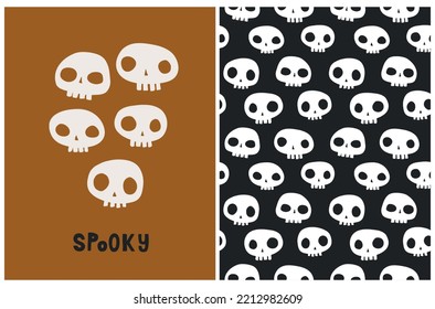 Cute Halloween Vector Illustration with White Little Skulls on an Orange Background. Hand Drawn Halloween Card with Funny Team of Skulls and Handwritten "Spooky". Creepy Seamless Vector Pattern.
